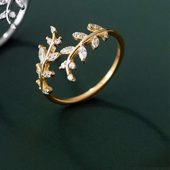 Gold Boho Leaf Gold Plated Open Ring Leaf Adjustable Gold Ring Christmas Gift - Picture 3 of 3